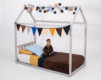 Montessori-Hausbettgestell mit Kopfteil, Holzplattform, Babybett bis Einzelbett