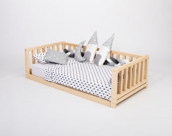 Montessori Bodenbett mit Schienen Zwillingsbettrahmen, Hochbett für Kleinkind Niedriges Plattformbett für Kinderbett Kleinkindbett Montessori Bett Kinder