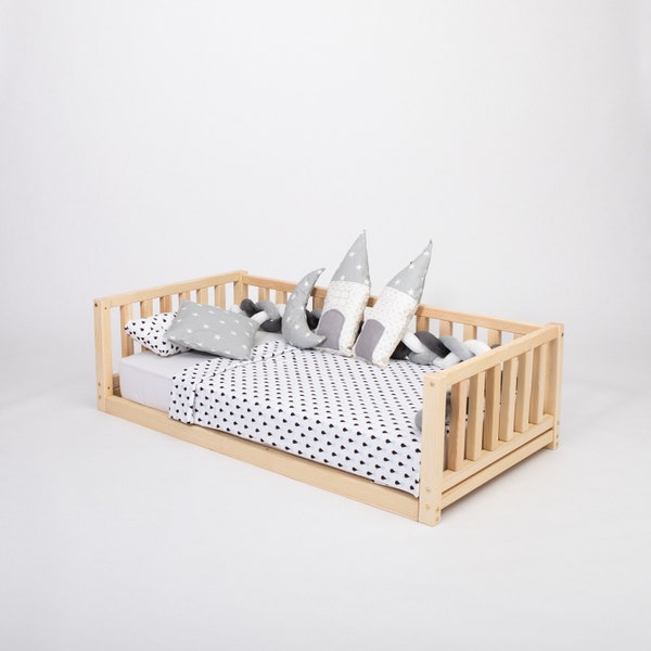 Lit au sol Montessori pour tout-petit avec barrières Cadre de lit simple, Lit mezzanine pour tout-petit Lit plateforme basse pour enfant Lit pour tout-petit Lit Montessori pour enfants