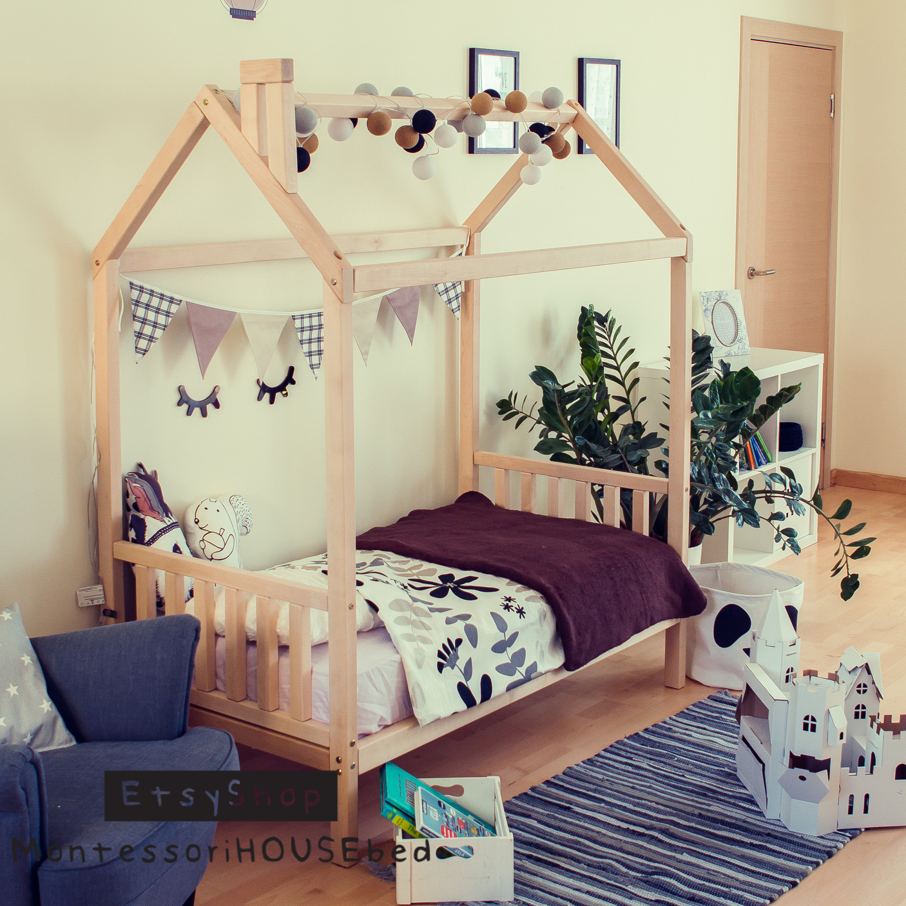 Children House Frame Bed Floor Platform Wood Kids Bed Tent Bedroom Furniture NEW