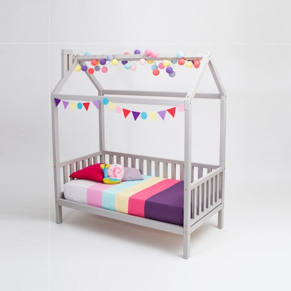 Cama con dosel para niña Cama infantil con rieles, Cama de día para niños  Niño de