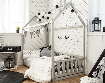 Montessori Floor Bed Frame, House Bed for Toddler, Crib/Twin/Single Size