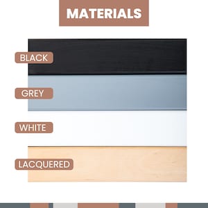 Material chart displaying black, grey, white, and natural lacquered birch plywood finishes.