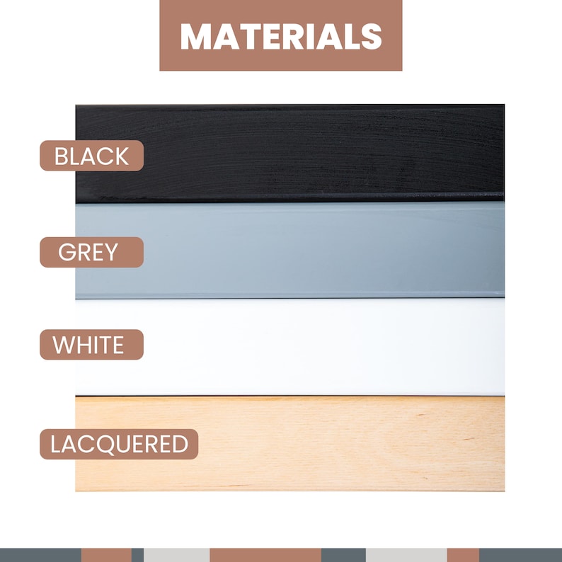 Material chart displaying black, grey, white, and natural lacquered birch plywood finishes.