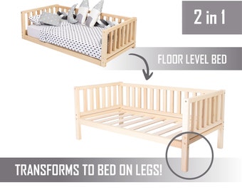 Montessori floor bed for toddler bed frame Toddler floor bed for boys Floor bed frame bed for girls, Montessori bed frame bed with rails