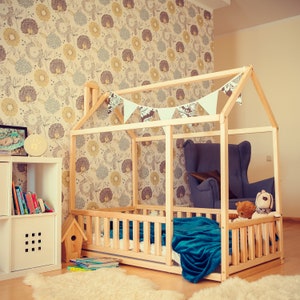 Playroom, furniture, floor bed, teepee bed frame, floor bed, wooden toddler bed, wooden bed, house bed frame, Montessori bed, platform bed, kids bed, play house, canopy tent, children bed, floor house bed, house shaped bed, Montessori bed, wooden bed