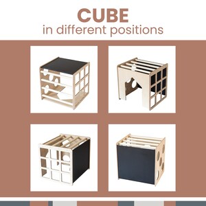 Visual guide showing four different placement positions for the convertible play cube and chalkboard desk.