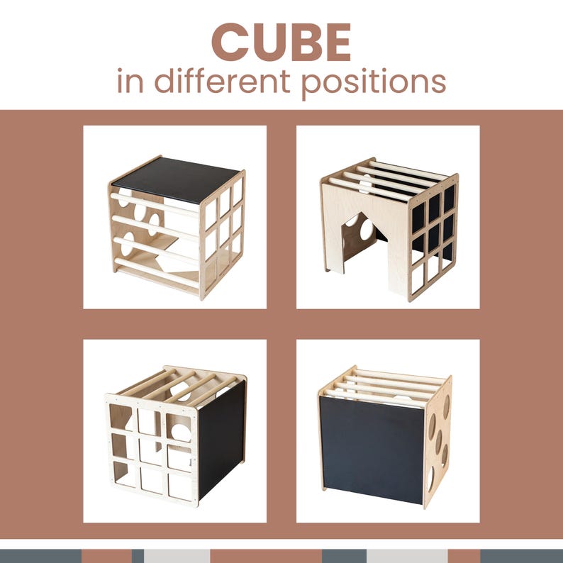 Visual guide showing four different placement positions for the convertible play cube and chalkboard desk.