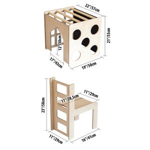 Dimensional blueprint detailing exact measurements for the convertible climbing cube and matching chair.