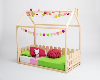Children's Bed, Kid's House bed, Montessori Floor Bed, House Frame Bed with Slats