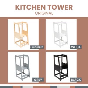 Product swatch guide highlighting 3-level height adjustable child step stools without a blackboard in lacquered, white, grey, and black.