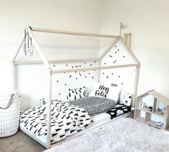 Montessori Twin Floor Bed With Roof Frame - Rubberwood House Bed With Safety Rails Grey