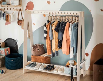 Klädställ i trä för småbarn, Montessori-garderob för barn, förvaring av barnmöbler