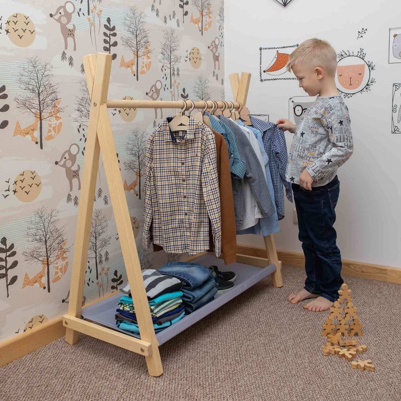 Baby Cloth Rack Present Wooden Baby Clothes Rack, Toddler Montessori Wardrobe, Dress up Display ...