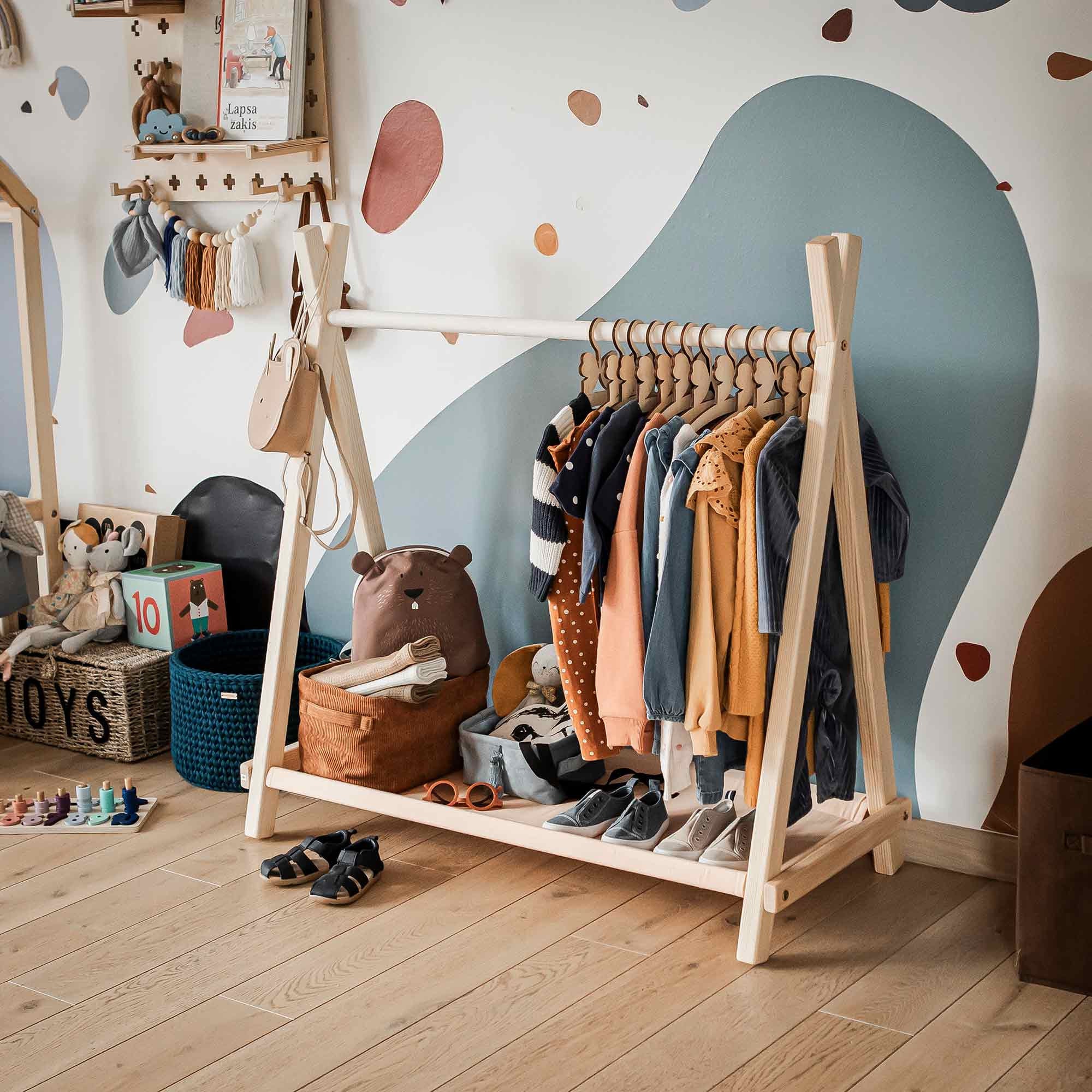 Baby Cloth Rack Present Wooden Baby Clothes Rack, Toddler Montessori Wardrobe, Dress up Display ...