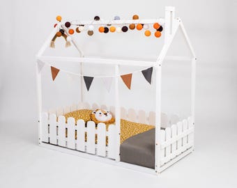 Montessori Kid Floor Bed Frame, Wood House Bed for Children