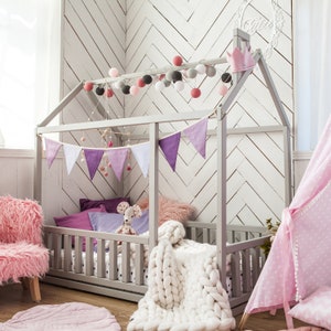 Playroom, furniture, floor bed, teepee bed frame, floor bed, wooden toddler bed, wooden bed, house bed frame, Montessori bed, platform bed, kids bed, play house, canopy tent, children bed, floor house bed, house shaped bed, Montessori bed, wooden bed