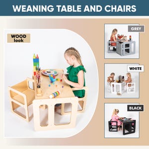 Product overview showing natural birch, grey, white, and black color options for the table set.