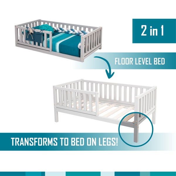 Montessori peutervloerbed met rails Twin bedframe, hoogslaper voor peuter Laag platformbed voor kinderbed Peuterbed Montessori bed kinderen