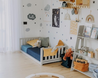 Montessori Floor Bed with Rails, Toddler Bed Frame, Solid Wood