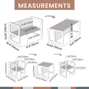 Measurement guide displaying precise dimensions for the toddler table and chairs in millimeters and inches.