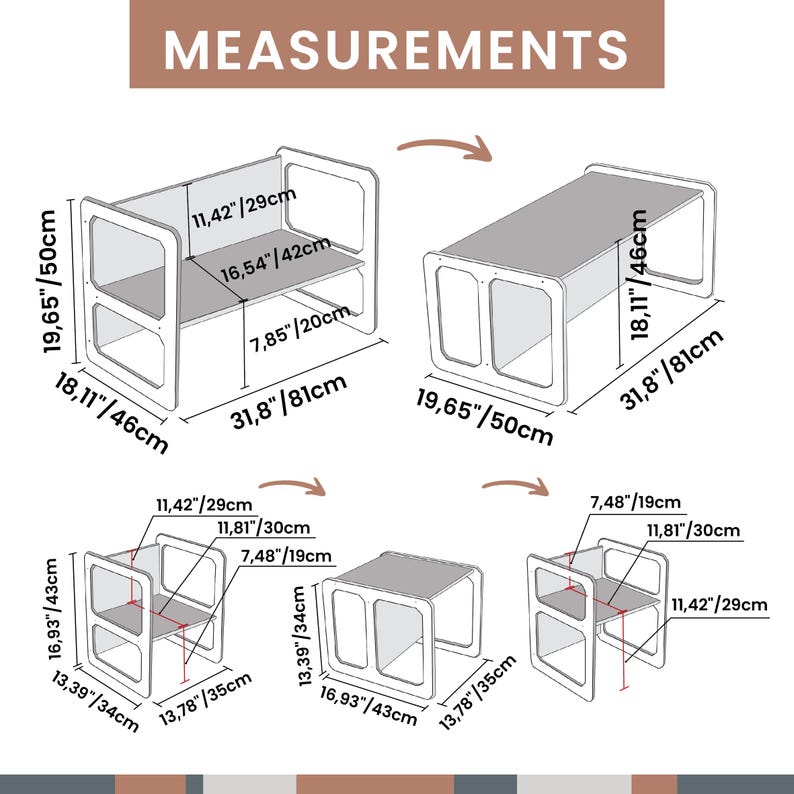 Measurement guide displaying precise dimensions for the toddler table and chairs in millimeters and inches.