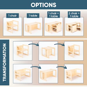 Infographic showing different transformation modes and options for the weaning table and chairs.