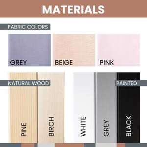 Material guide diagram showing frame choices in pine, birch, white, grey, black along with fabric shelf options in grey, beige, and pink.