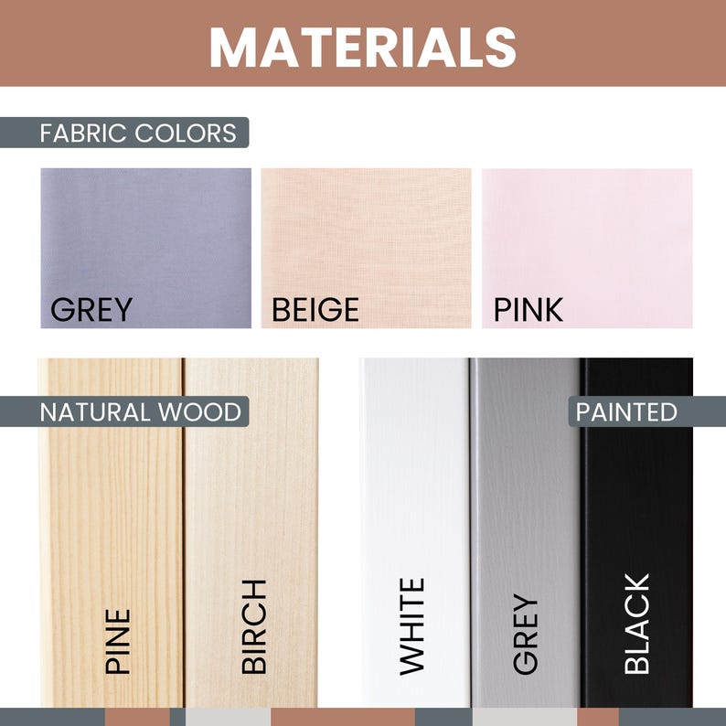 Material guide diagram showing frame choices in pine, birch, white, grey, black along with fabric shelf options in grey, beige, and pink.