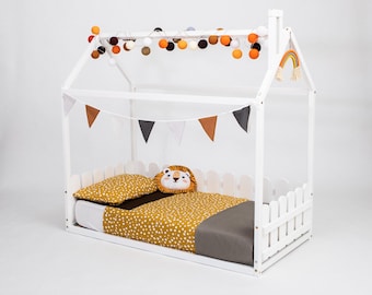 Montessori Floor Bed: Wood House Bed Frame, Co-sleeping bed with Slats