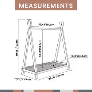 Measurement infographic displaying frame height, width, and shelf depth to help families check bedroom space before ordering.