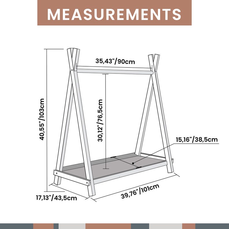 Measurement infographic displaying frame height, width, and shelf depth to help families check bedroom space before ordering.