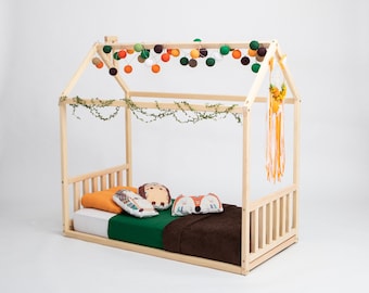 Montessori House Floor Bed with Rails, Toddler Wood Frame bed with SLATS