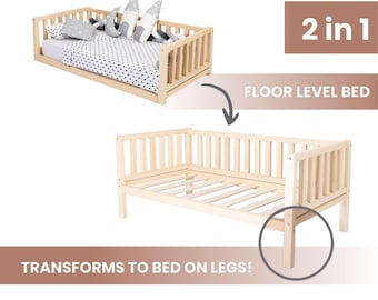 Toddler Montessori floor bed for boys, Transformable kids Montessori bed for girls, Convertible bed Kids bed with rails, Toddler guard rails