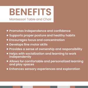 Infographic outlining developmental benefits of the Montessori weaning table and chair set.