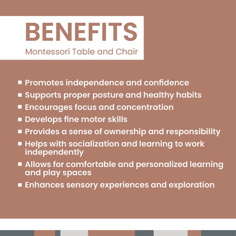 Infographic outlining developmental benefits of the Montessori weaning table and chair set.