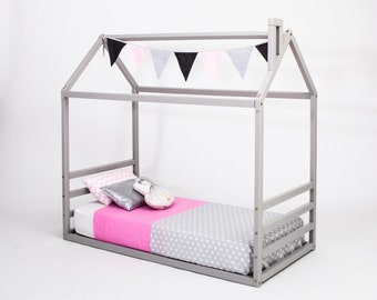 Montessori Wood House Bed Frame, Toddler Floor Bed, Co-sleeping bed, Daybed