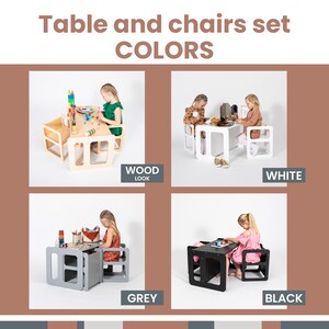 Product visual guide displaying available color finishes including natural wood, white, grey, and black.