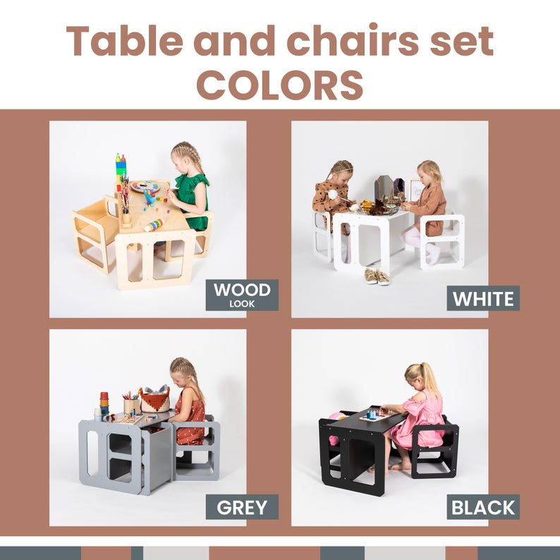 Product visual guide displaying available color finishes including natural wood, white, grey, and black.