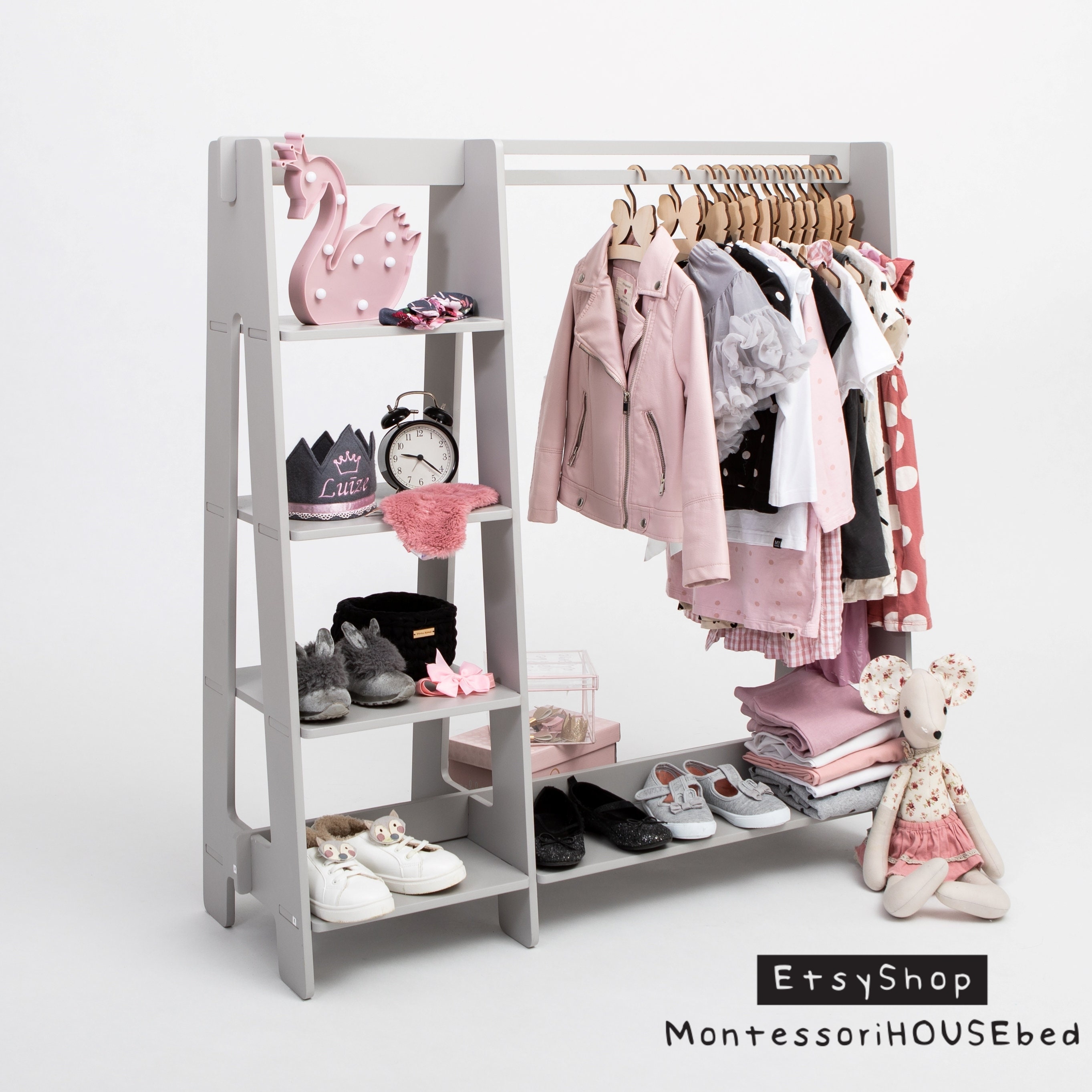 KIDS CLOTHING RACK Type A With Shelf, Wood Clothes Rack