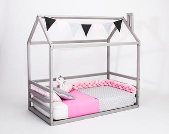 無垢材モンテッソーリ式フロアベッド（レール付き）、子供用ハウスベッド、幼児用ベッドフレーム（すのこ付き）