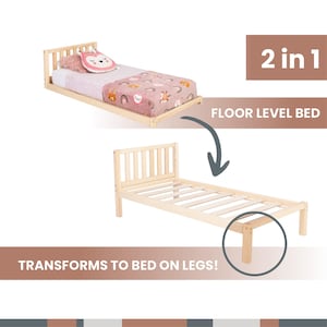 May include: A 2 in 1 light wood bed frame that converts from a floor level bed to a bed on legs. The top image shows the bed with a mattress, a pink pillow, and a patterned blanket. The bottom image shows the empty slatted bed frame on legs.