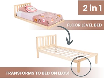 May include: A 2 in 1 light wood bed frame that converts from a floor level bed to a bed on legs. The top image shows the bed with a mattress, a pink pillow, and a patterned blanket. The bottom image shows the empty slatted bed frame on legs.