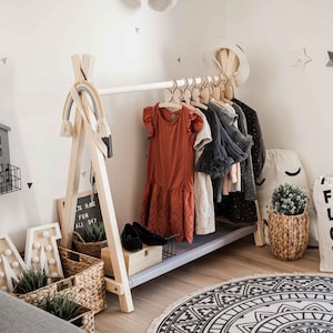Storage rack for kids Shop display rack Garment rack Wood clothes rack with storage, Toddler wardrobe Montessori wardrobe, Open wardrobe