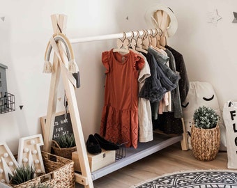 Storage rack for kids Shop display rack Garment rack Wood clothes rack with storage, Toddler wardrobe Montessori wardrobe, Open wardrobe