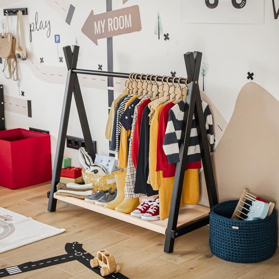 Montessori Kids Wood Clothing Rack, Dress Up Wardrobe Storage, Baby Display Penderie