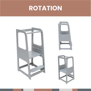 Technical diagram illustrating front, side, and isometric views of a grey 3-level adjustable toddler step stool.