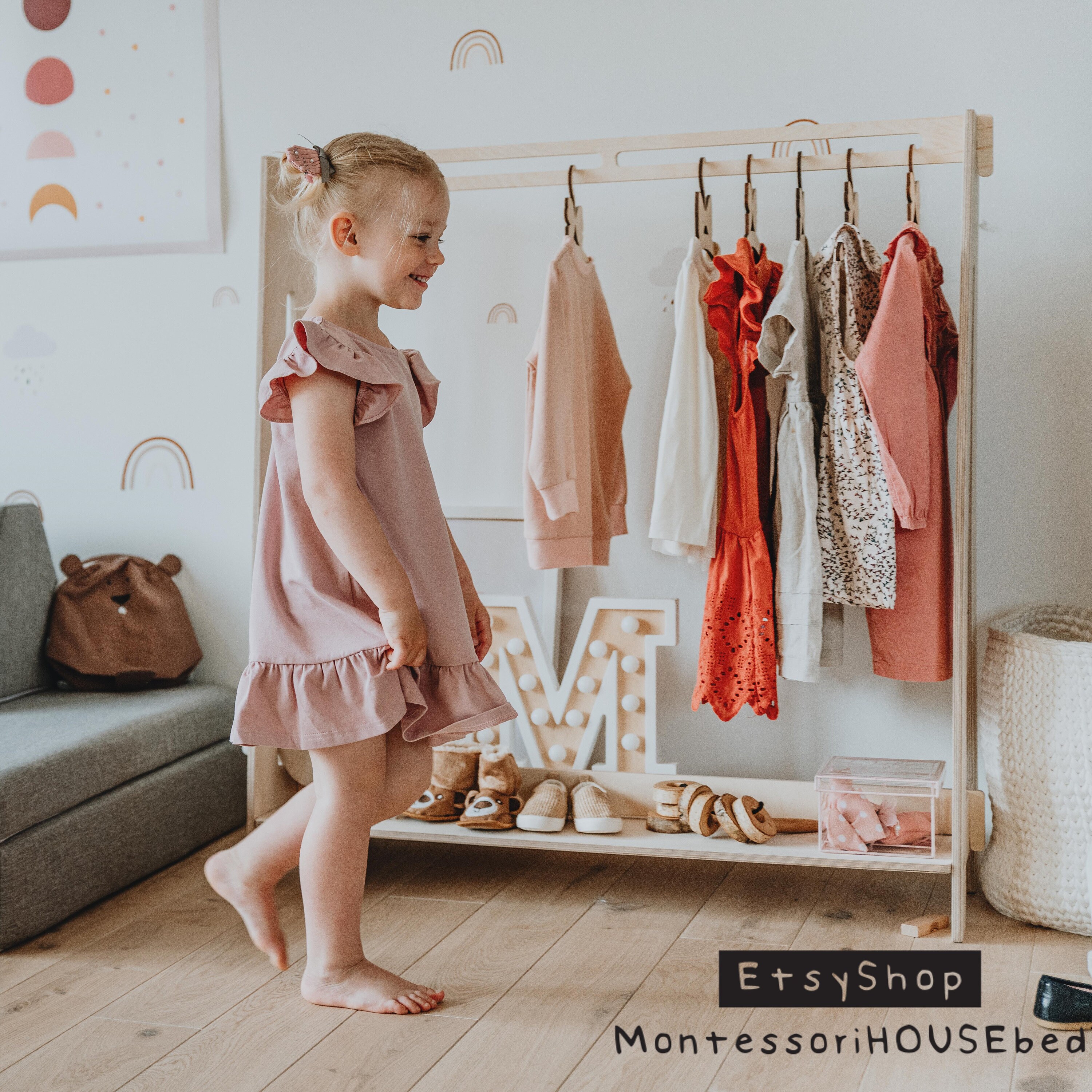 KIDS CLOTHING RACK Type A With Shelf, Wood Clothes Rack