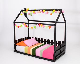 Montessori House Bed Frame, Toddler Floor Bed with Removable Rails, Wood Kids Bed