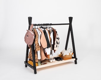 Montessori Kids Wood Clothing Rack, Dress Up Wardrobe Storage, Baby Display Penderie